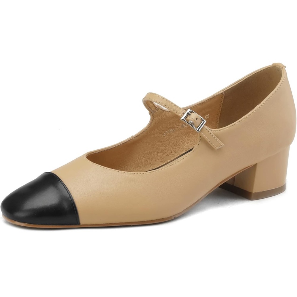 Toe Two-Tone Instep Strap Buckle Chunky Mary Jane Matte Leather Closed Round Toe